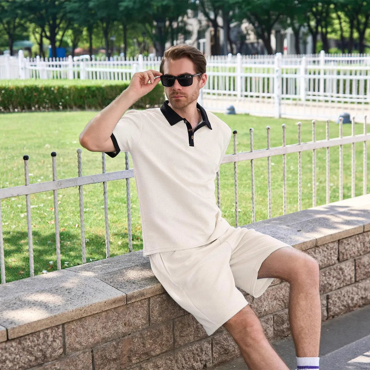 Men's Fashion Two Piece Set Short Sleeve Polo Shirt and Drawstring Shorts Casual Streetwear Tracksuit for Men