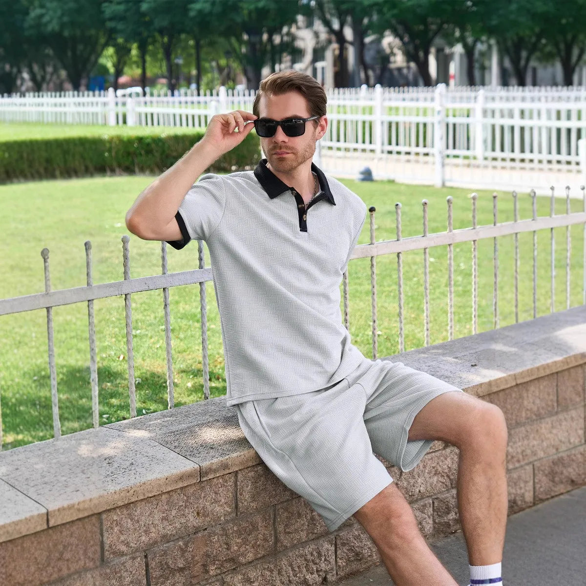Men's Fashion Two Piece Set Short Sleeve Polo Shirt and Drawstring Shorts Casual Streetwear Tracksuit for Men