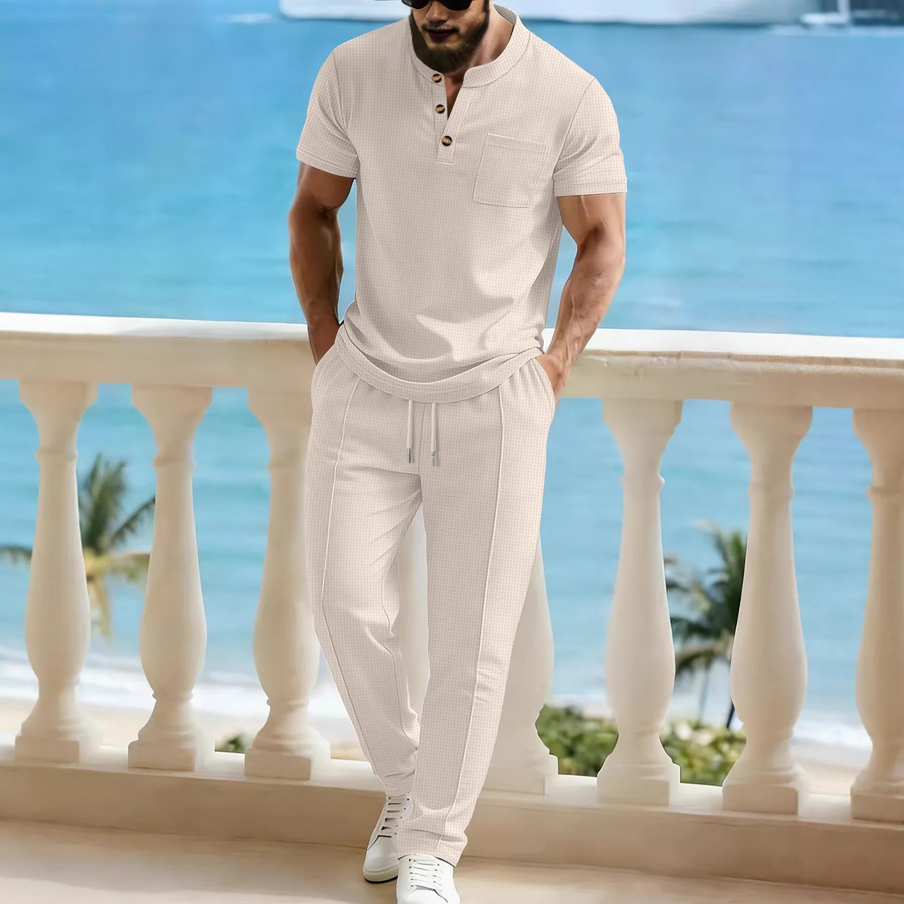 Men's Waffle Knit Two-Piece Suit, Summer Henry Collar Polo Shirt, Short-Sleeved and Laced Pants, Casual Breathable Beachwear