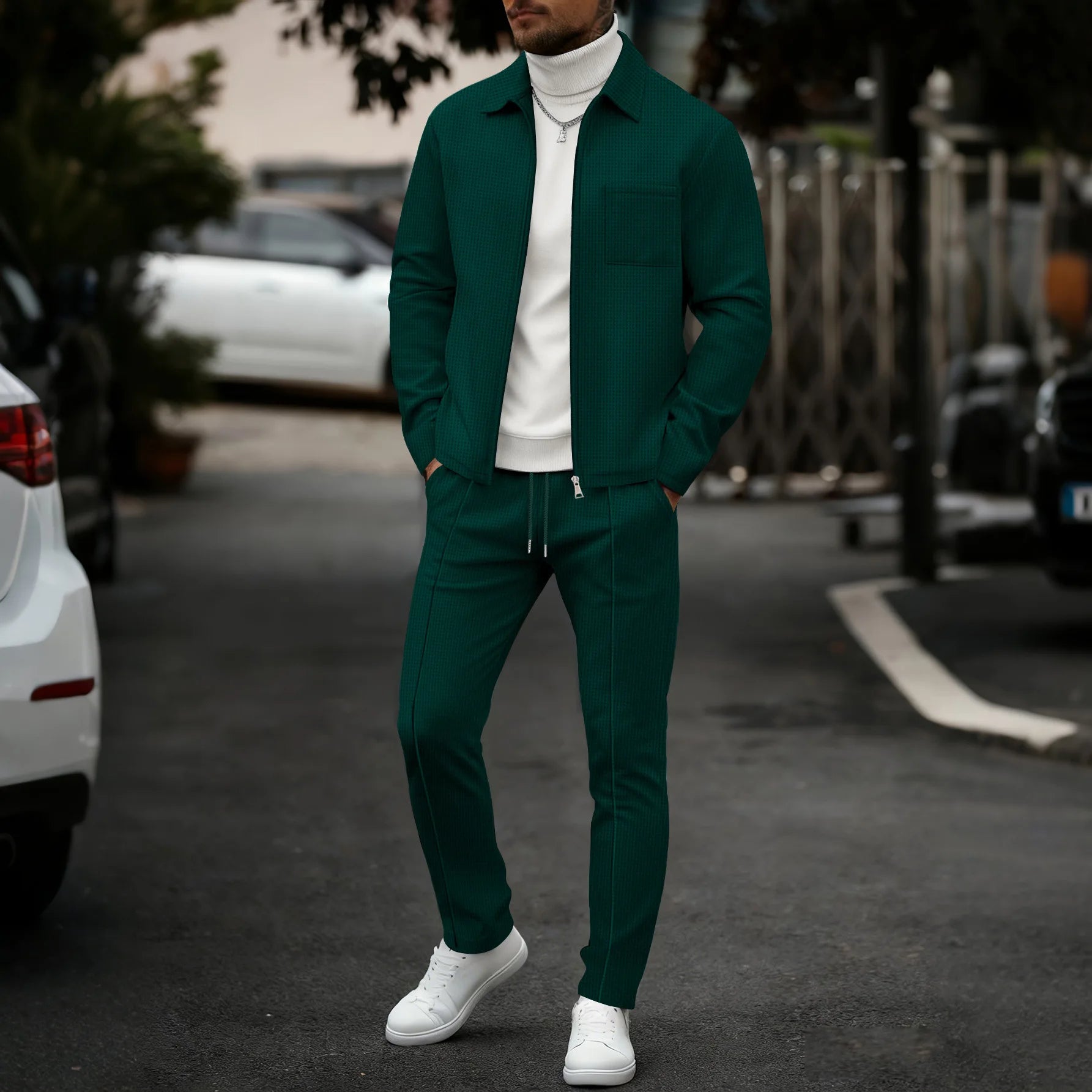 Men's two-piece casual suit, waffle texture jacket and trousers set, plain color casual street style winter and autumn outfit
