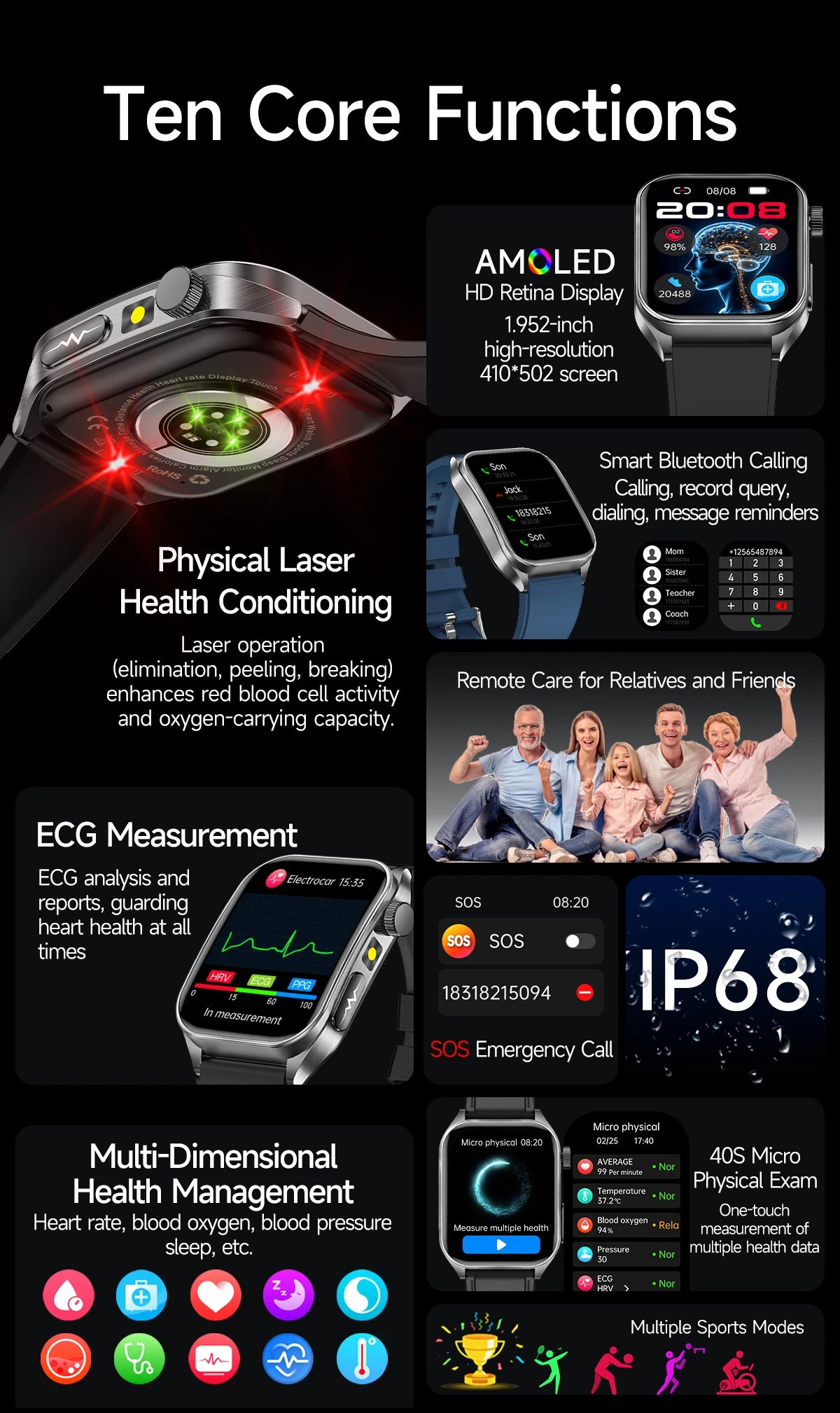 GUHUAVMI New Laser Therapy ECG+PPG Smart Watch Health Monitor Blood Lipids Uric Acid Heart Rate Tracking Monitoring Smartwatches