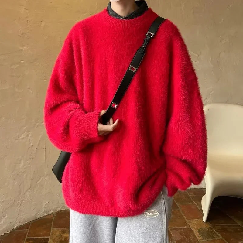 Autumn Men's Solid Fluffy Knitted Sweaters New Korean Fashion Loose Warm Pullovers Winter Couples Y2K Vintage Knitwear Jumpers