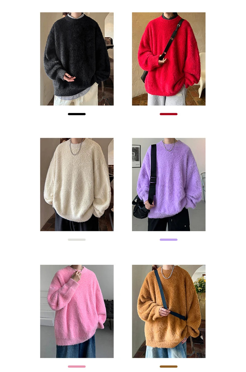 Autumn Men's Solid Fluffy Knitted Sweaters New Korean Fashion Loose Warm Pullovers Winter Couples Y2K Vintage Knitwear Jumpers
