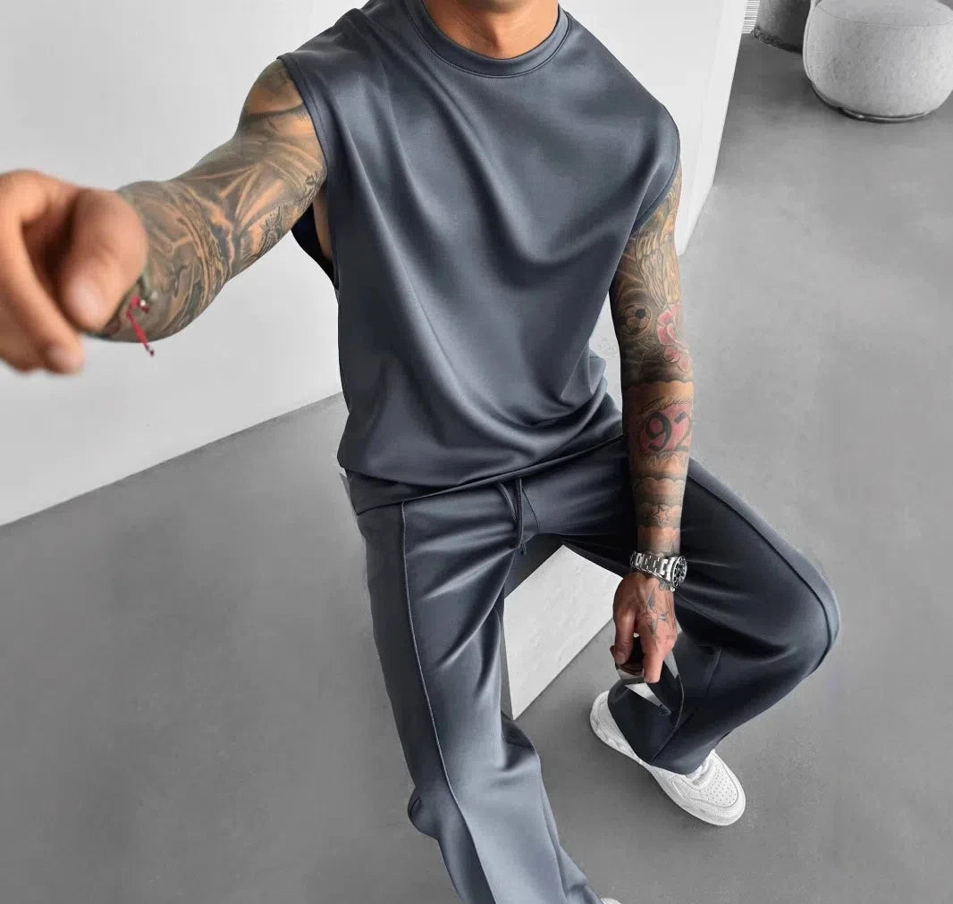 Breathable Sleeveless Summer New Men's Fitness Suit T-shirt Loose Sports Pants European and American Training Suit Two-piece Set