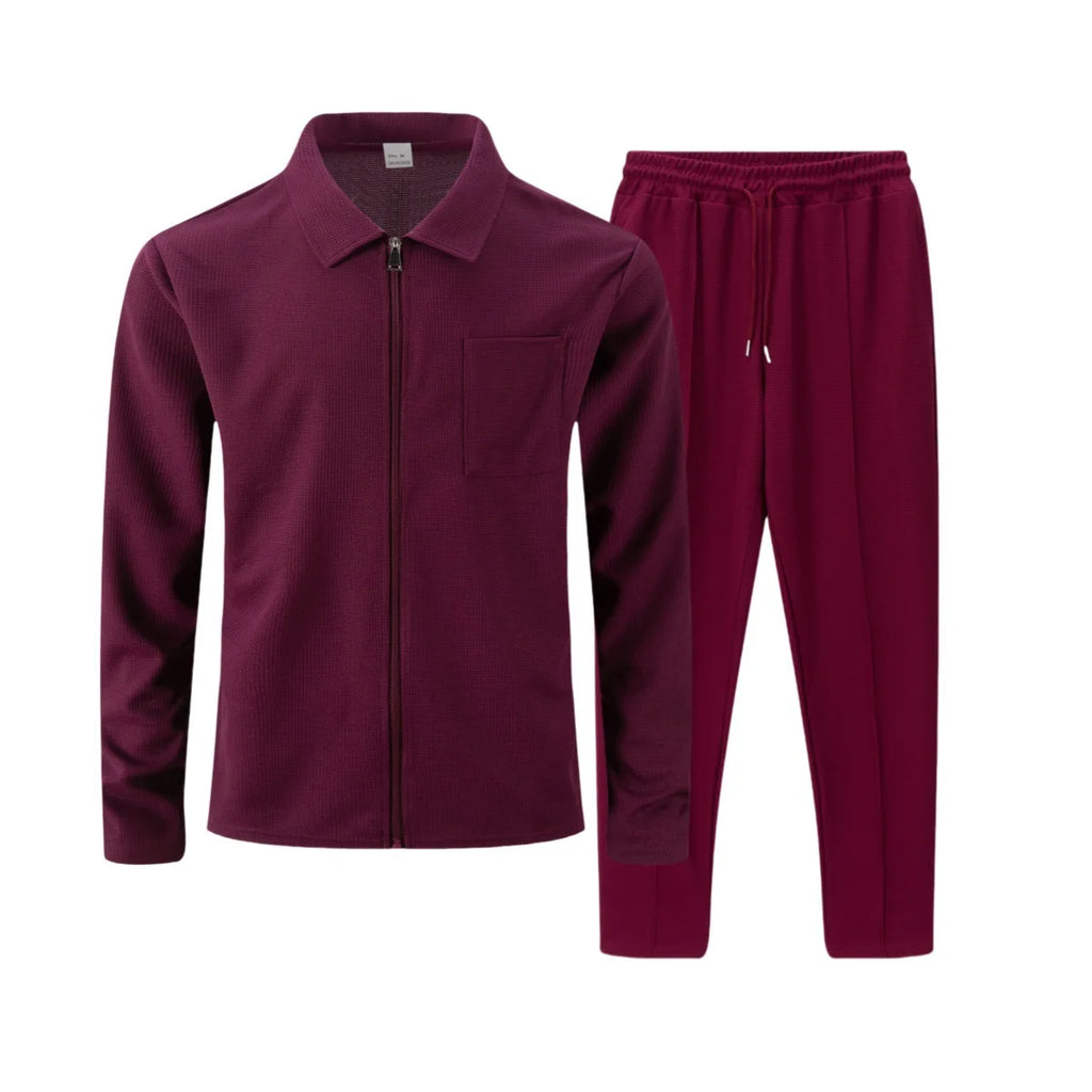 Men's two-piece casual suit, waffle texture jacket and trousers set, plain color casual street style winter and autumn outfit