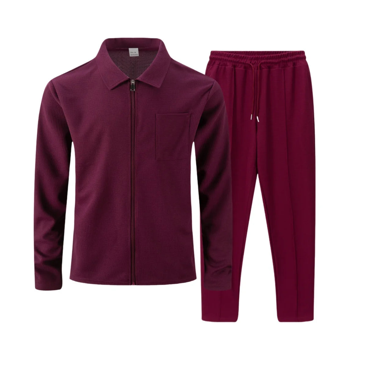 Men's two-piece casual suit, waffle texture jacket and trousers set, plain color casual street style winter and autumn outfit