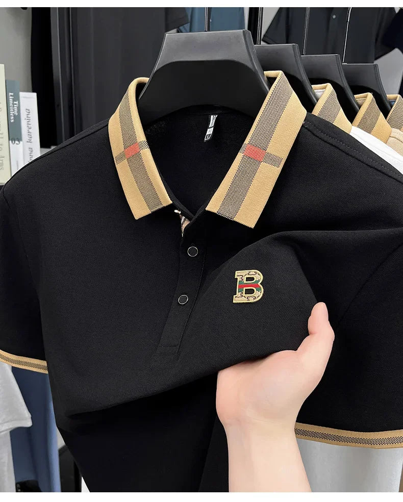 2026 High-end Letter B Printed Summer Men's Color Blocked Lapel Short Sleeved Polo Shirt Versatile Tshirt for Business Commuting