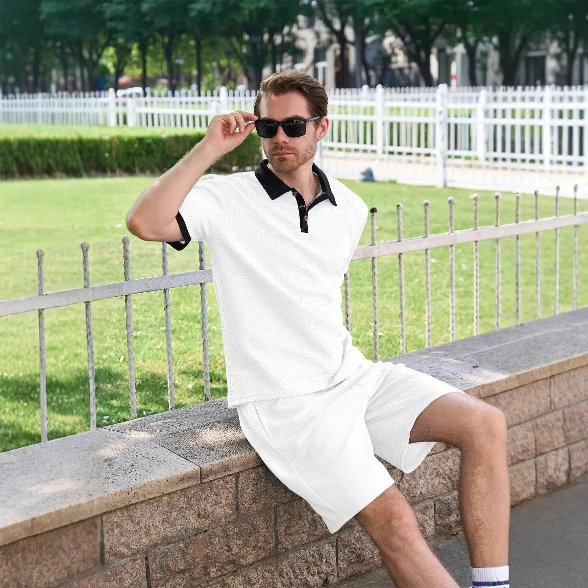Men's Fashion Two Piece Set Short Sleeve Polo Shirt and Drawstring Shorts Casual Streetwear Tracksuit for Men