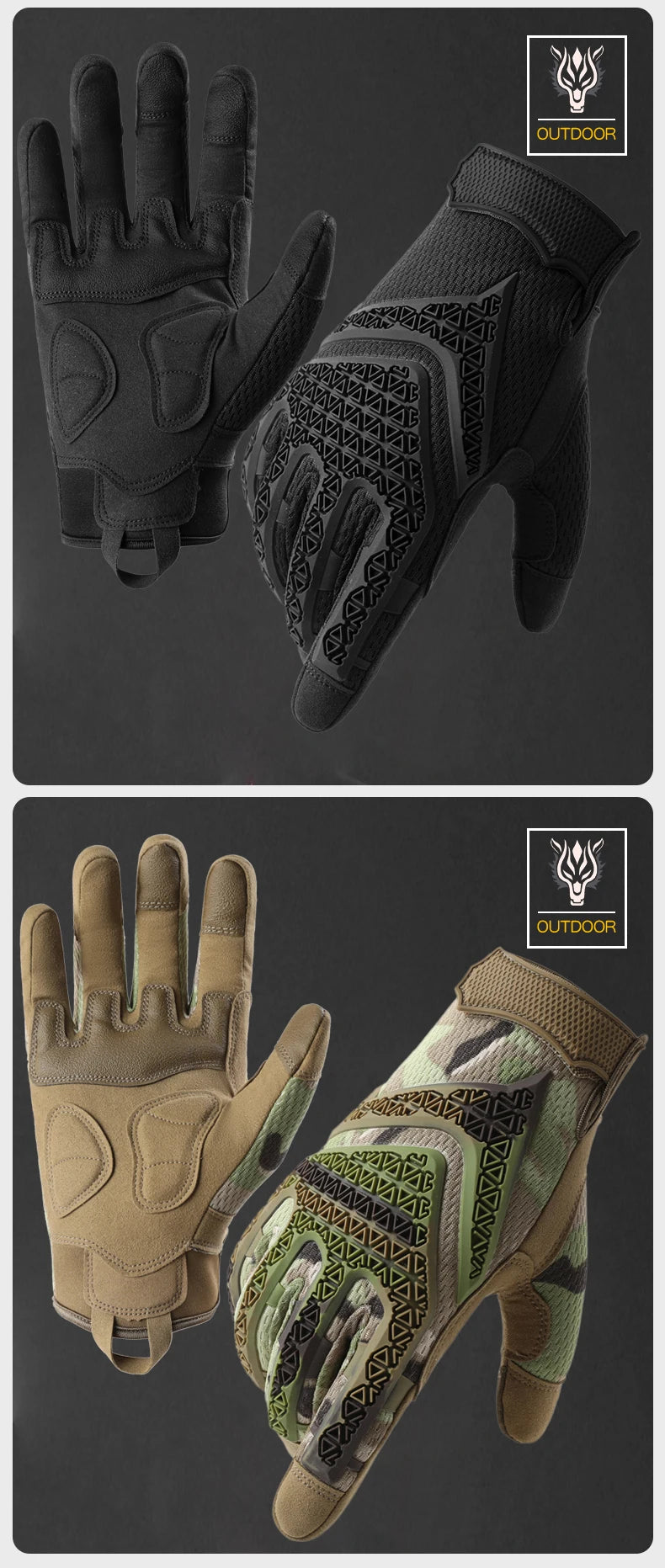 CHRLCK Men Anti-Scratch Cycling Tactics Gloves Wear-resistant Full Finger Hiking Gloves Summer Non-Slip Camping Training Gloves