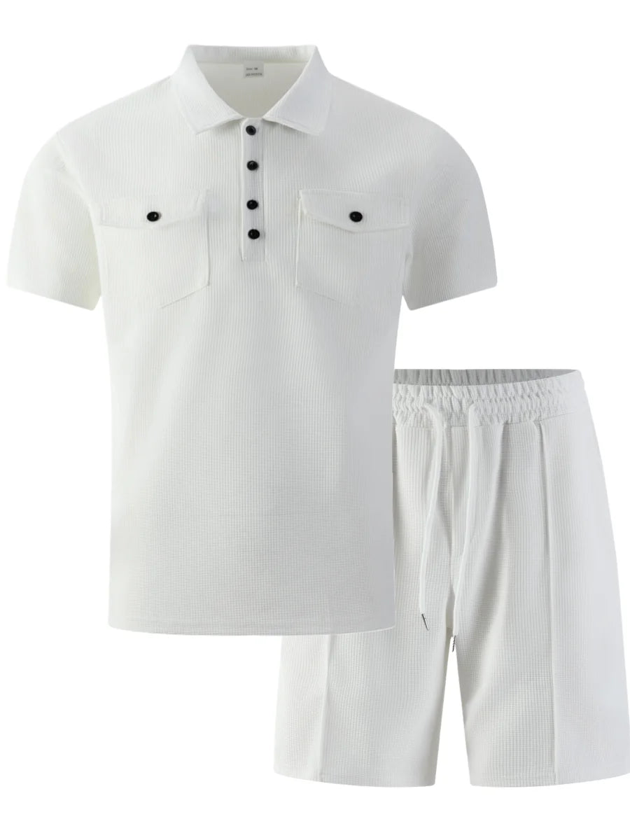 2026 New Men's Waffle Knit Double Pocket Polo Two-Piece Set S-3XL