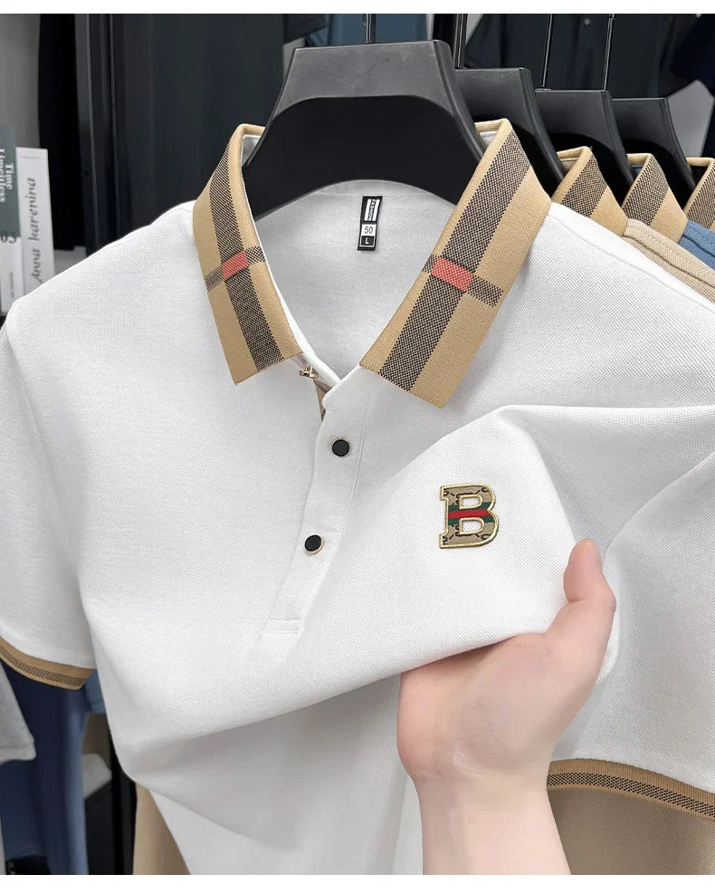 2026 High-end Letter B Printed Summer Men's Color Blocked Lapel Short Sleeved Polo Shirt Versatile Tshirt for Business Commuting