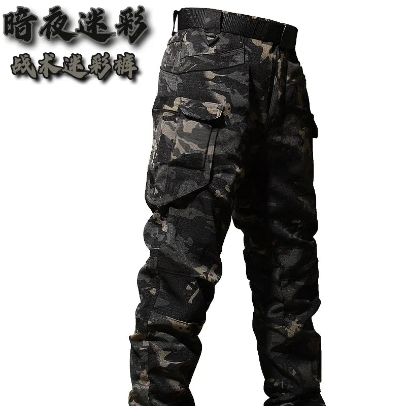 Autumn Tactical Sets Men Outdoor Breathable Short Sleeve Tshirt+Waterproof Straight Pant 2 Pcs Suits Camo Multi-pocket Cargo Set