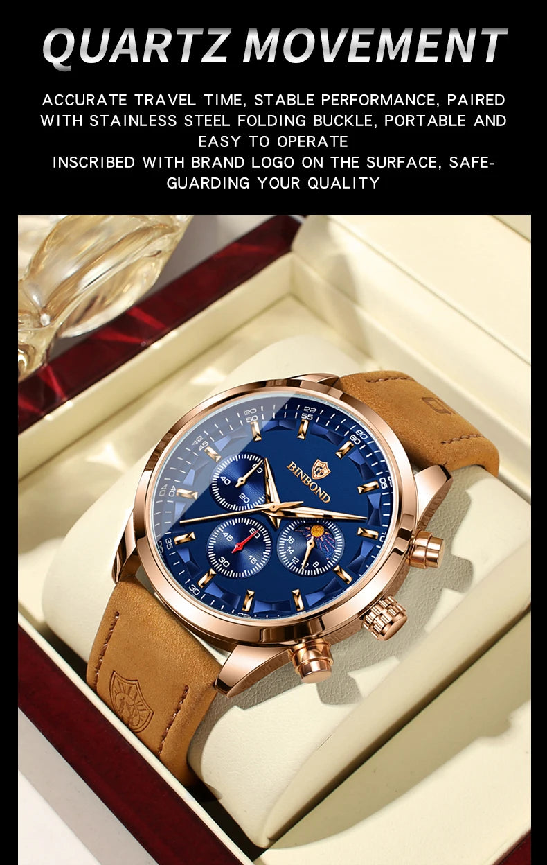 BINBOND  luminous waterproof accurate sturdy luxury quartz wristwatches for men chronograph auto date men's watch casual reloj