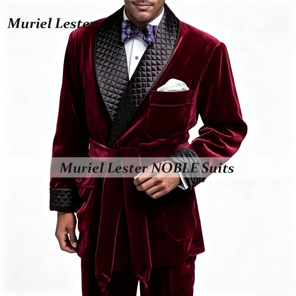 Smoking Business Velvet Suit Jackets For Men With Belt Black Shawl Lapel Groom Blazers Customized Man Party Coat Dinner Outfits