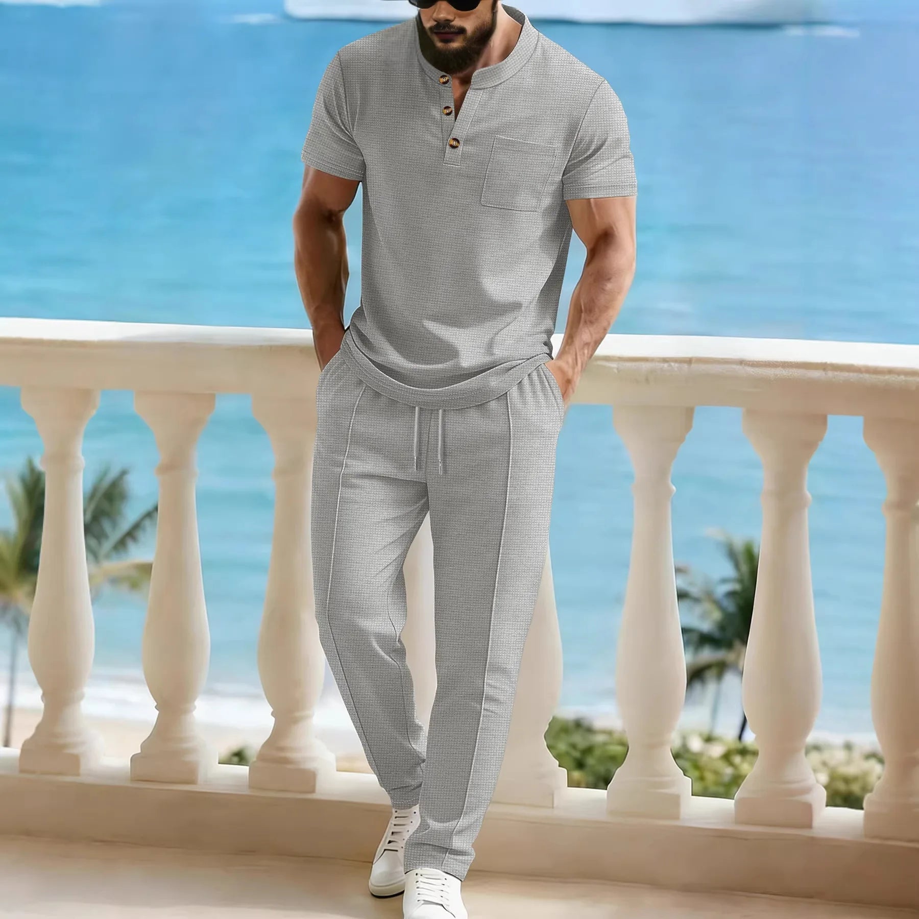 Men's Waffle Knit Two-Piece Suit, Summer Henry Collar Polo Shirt, Short-Sleeved and Laced Pants, Casual Breathable Beachwear