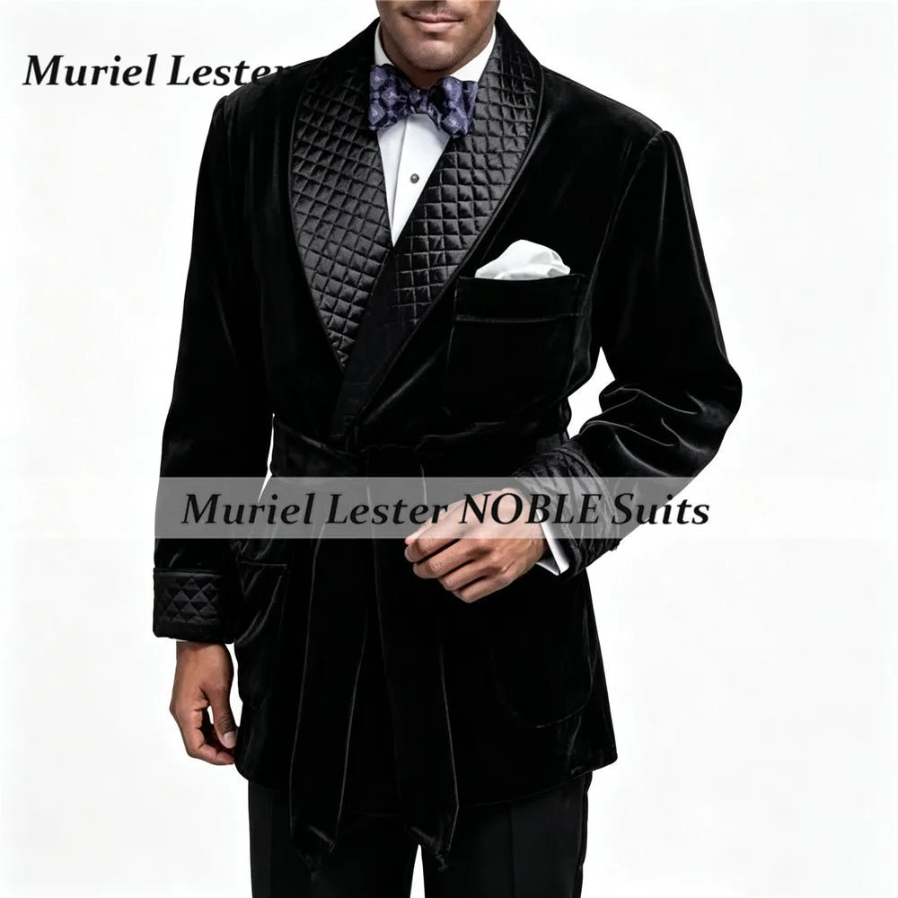 Smoking Business Velvet Suit Jackets For Men With Belt Black Shawl Lapel Groom Blazers Customized Man Party Coat Dinner Outfits