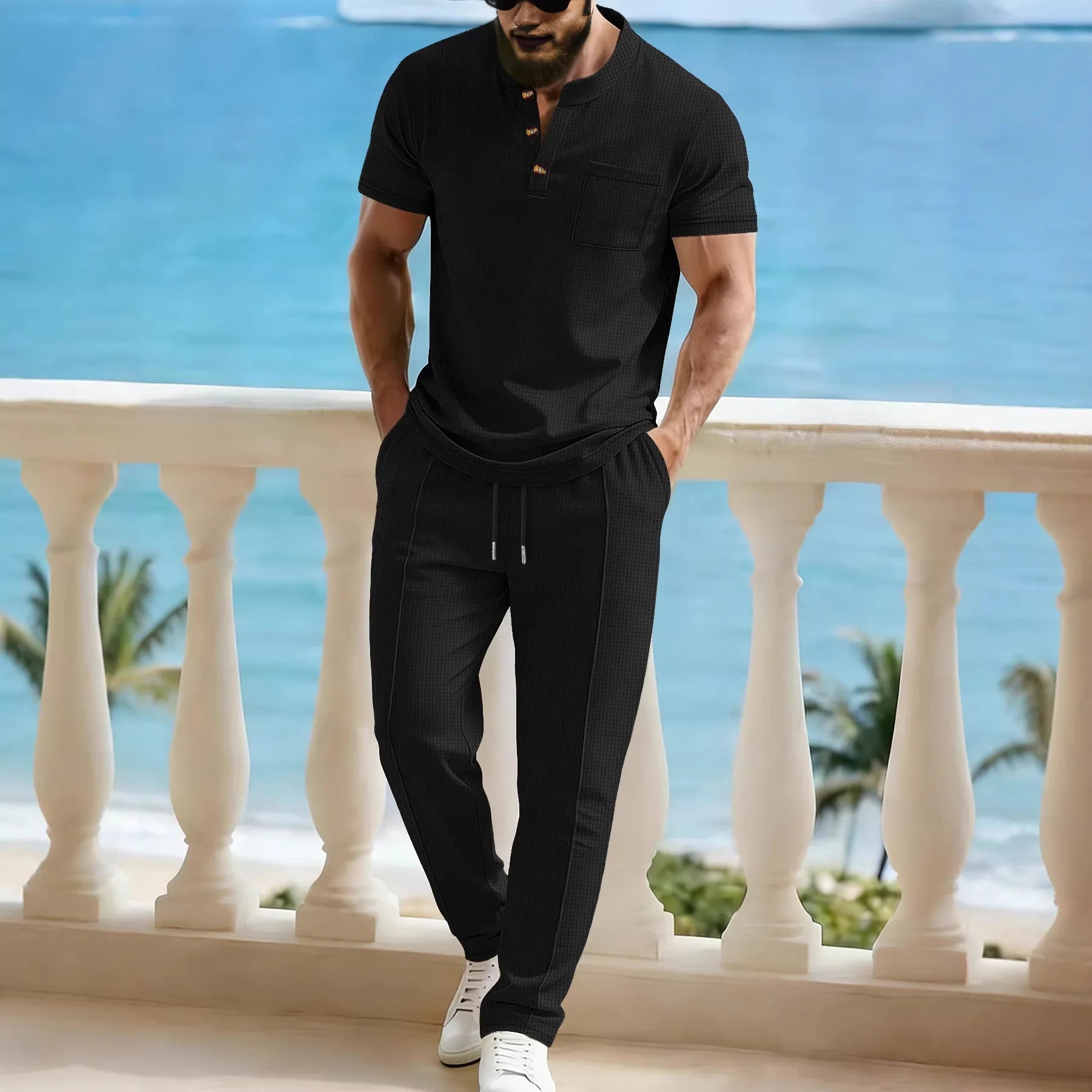 Men's Waffle Knit Two-Piece Suit, Summer Henry Collar Polo Shirt, Short-Sleeved and Laced Pants, Casual Breathable Beachwear
