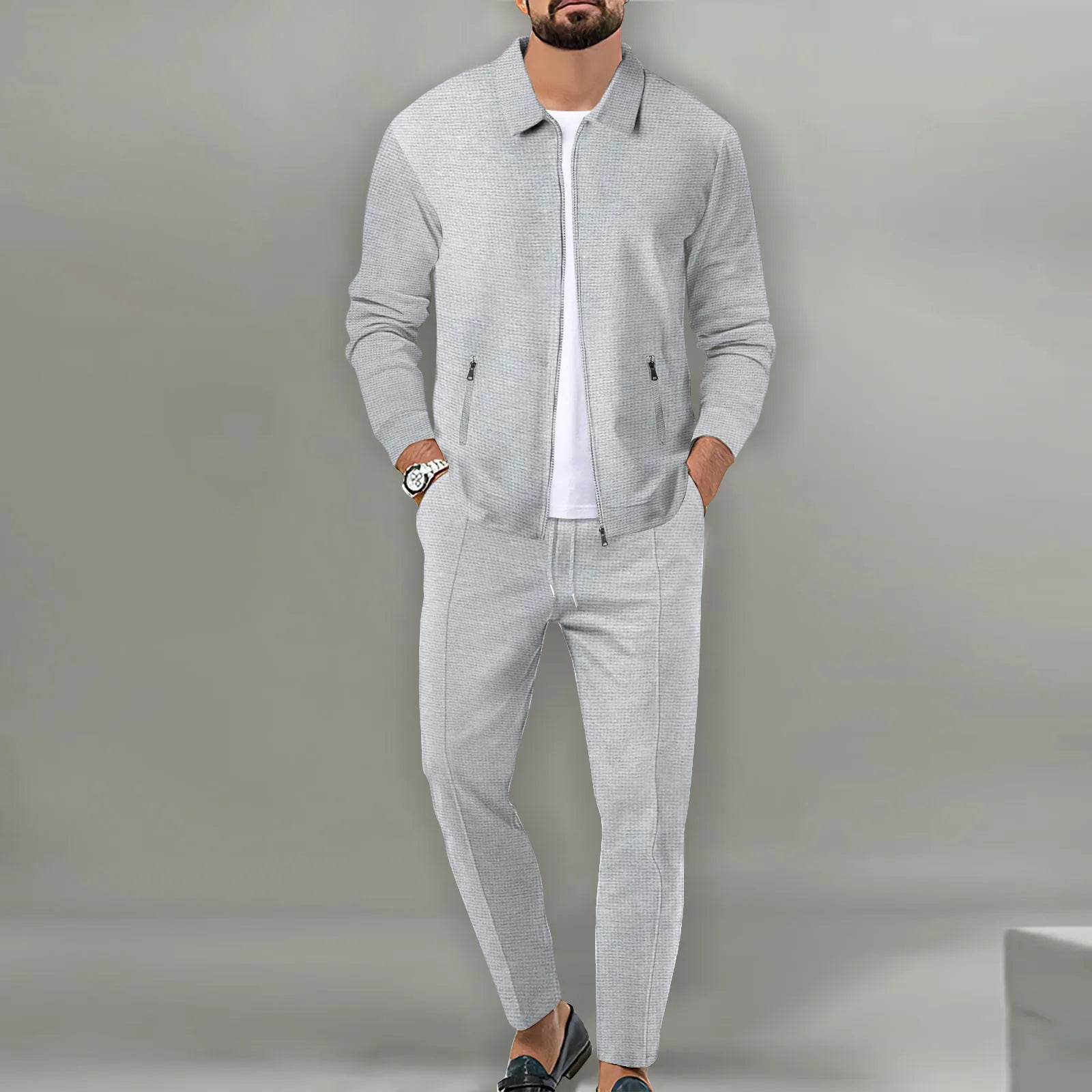 2026 Coat Fall Waffle Zip Pocket Lapel Slim Cardigan Men's Jacket Set