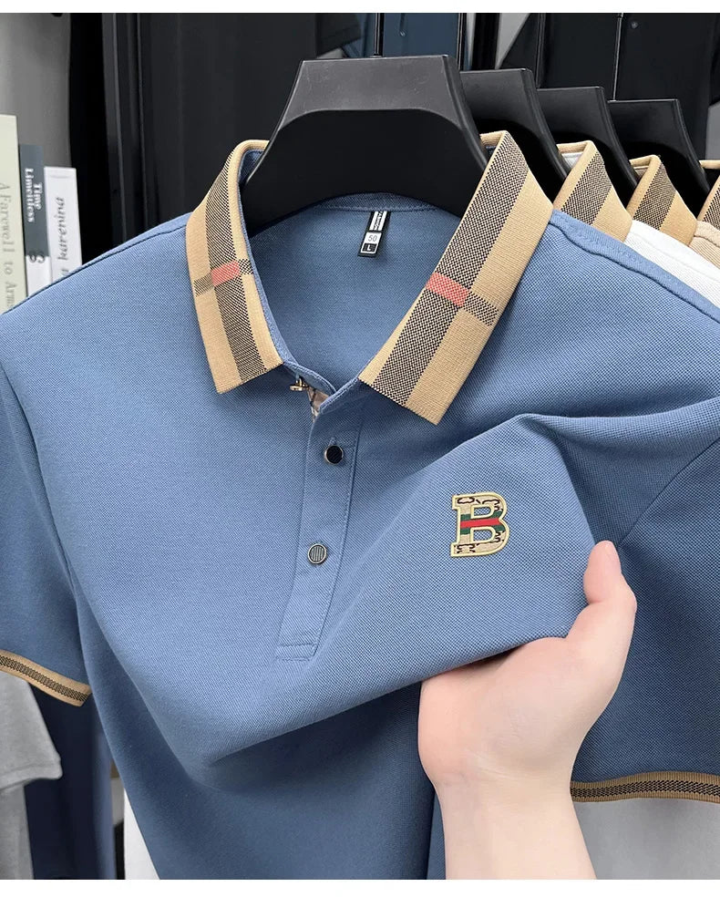 2026 High-end Letter B Printed Summer Men's Color Blocked Lapel Short Sleeved Polo Shirt Versatile Tshirt for Business Commuting
