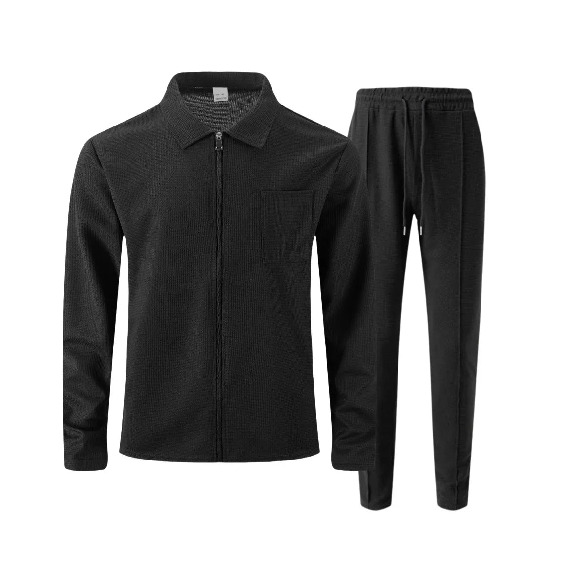Men's two-piece casual suit, waffle texture jacket and trousers set, plain color casual street style winter and autumn outfit