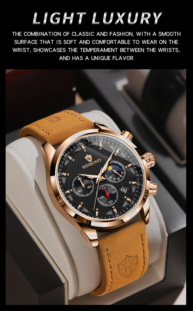 BINBOND  luminous waterproof accurate sturdy luxury quartz wristwatches for men chronograph auto date men's watch casual reloj
