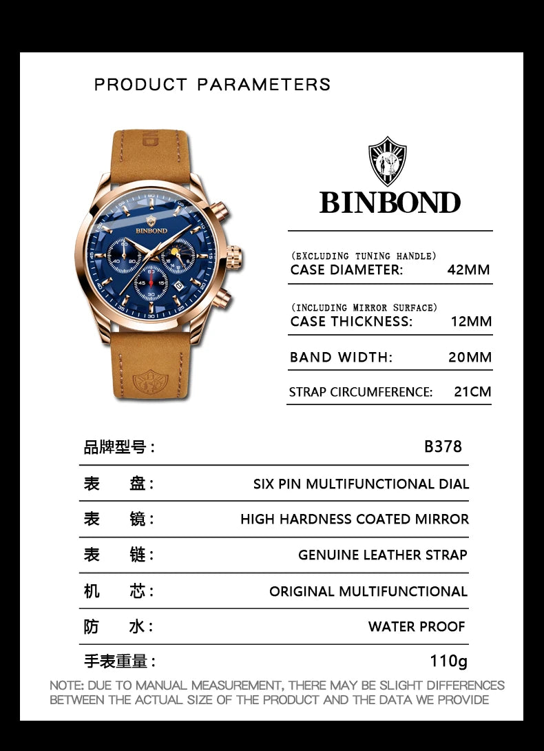 BINBOND  luminous waterproof accurate sturdy luxury quartz wristwatches for men chronograph auto date men's watch casual reloj