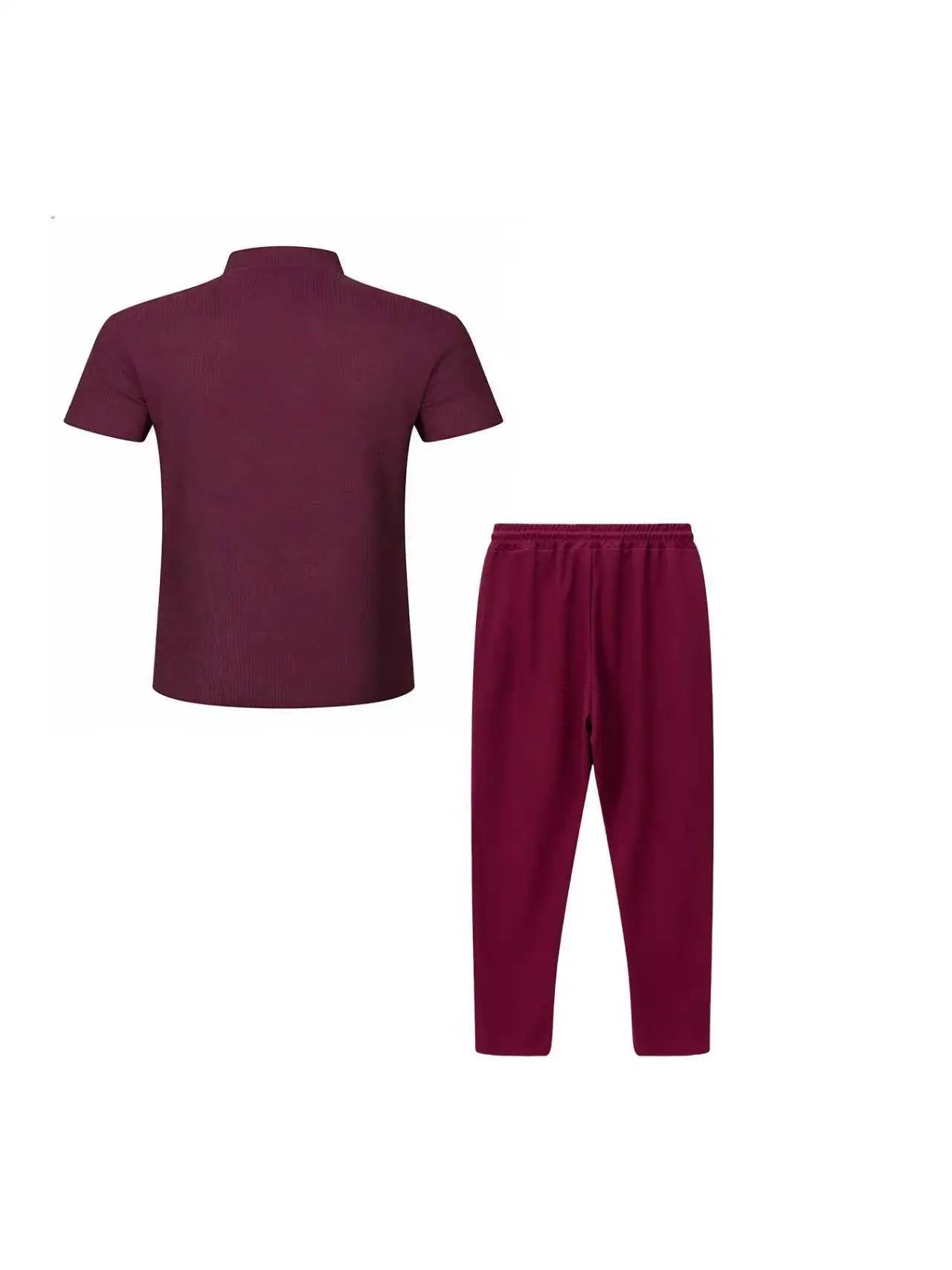 Men's Waffle Knit Two-Piece Suit, Summer Henry Collar Polo Shirt, Short-Sleeved and Laced Pants, Casual Breathable Beachwear