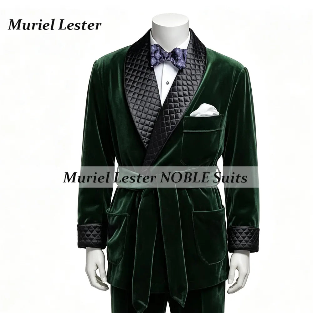 Smoking Business Velvet Suit Jackets For Men With Belt Black Shawl Lapel Groom Blazers Customized Man Party Coat Dinner Outfits
