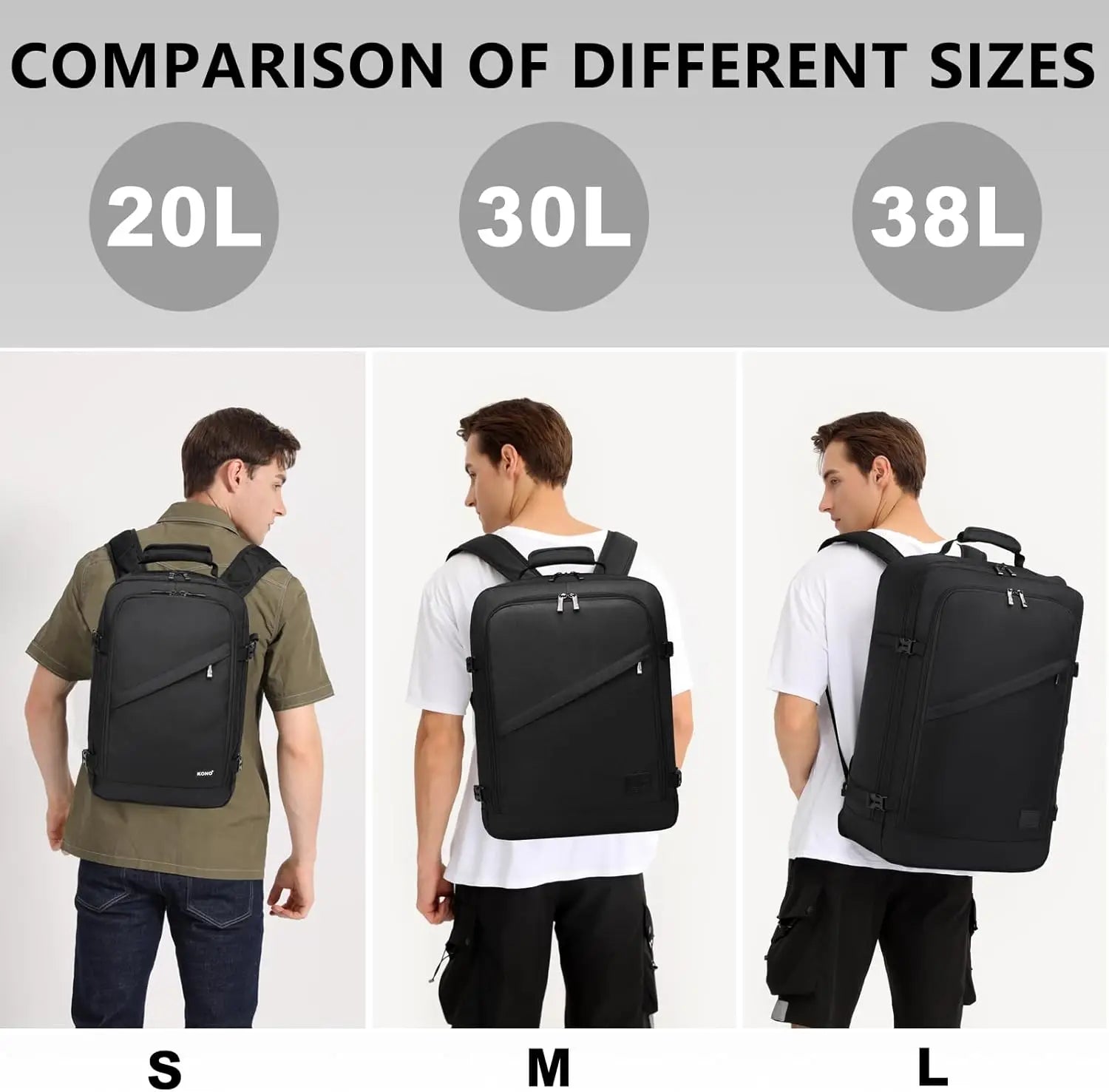 S/M/L Kono Cabin bag-Minimalist, Lightweight, Compatible with Ryanair hand luggage, Travel Backpack, 20L-38L