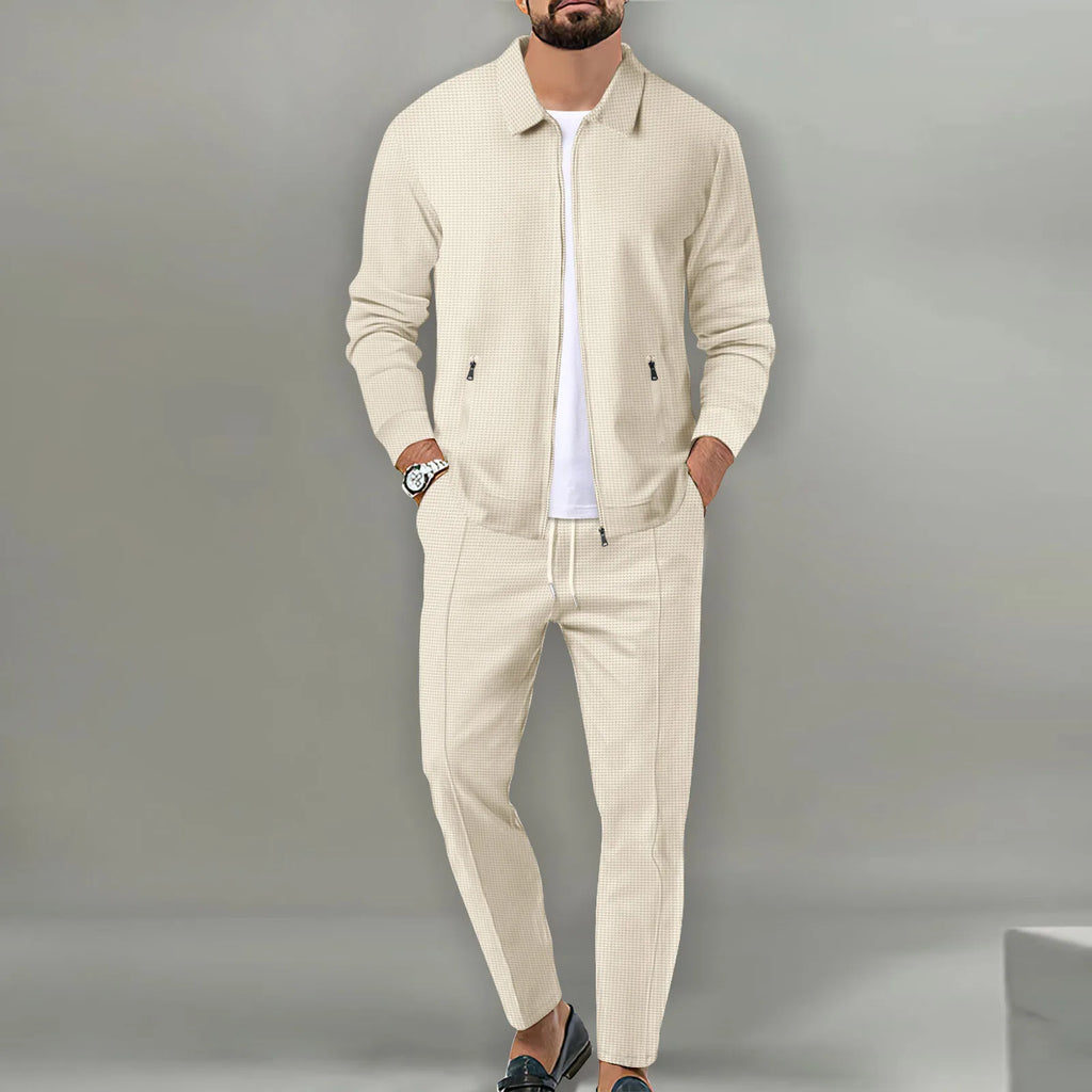 2026 Coat Fall Waffle Zip Pocket Lapel Slim Cardigan Men's Jacket Set