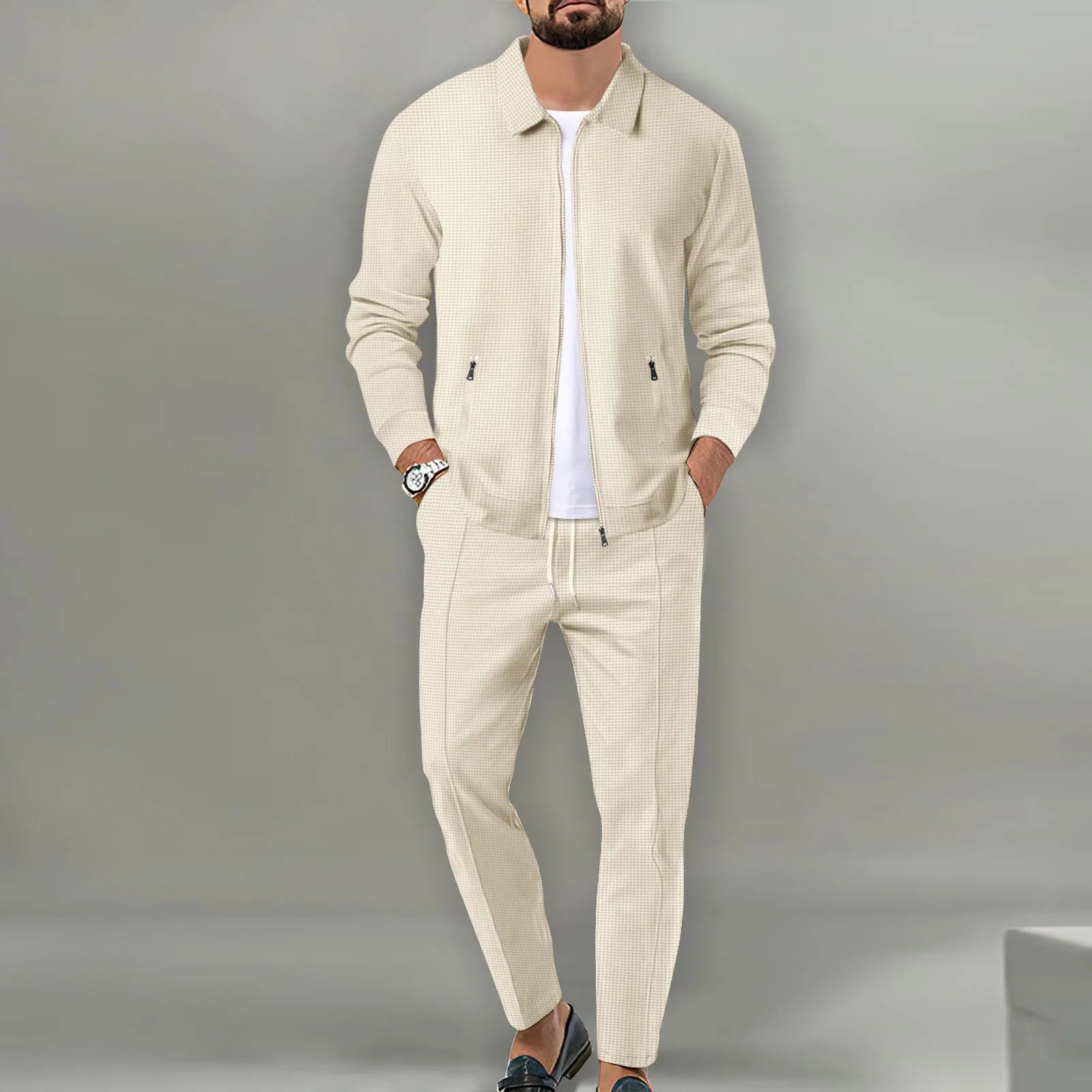 2026 Coat Fall Waffle Zip Pocket Lapel Slim Cardigan Men's Jacket Set