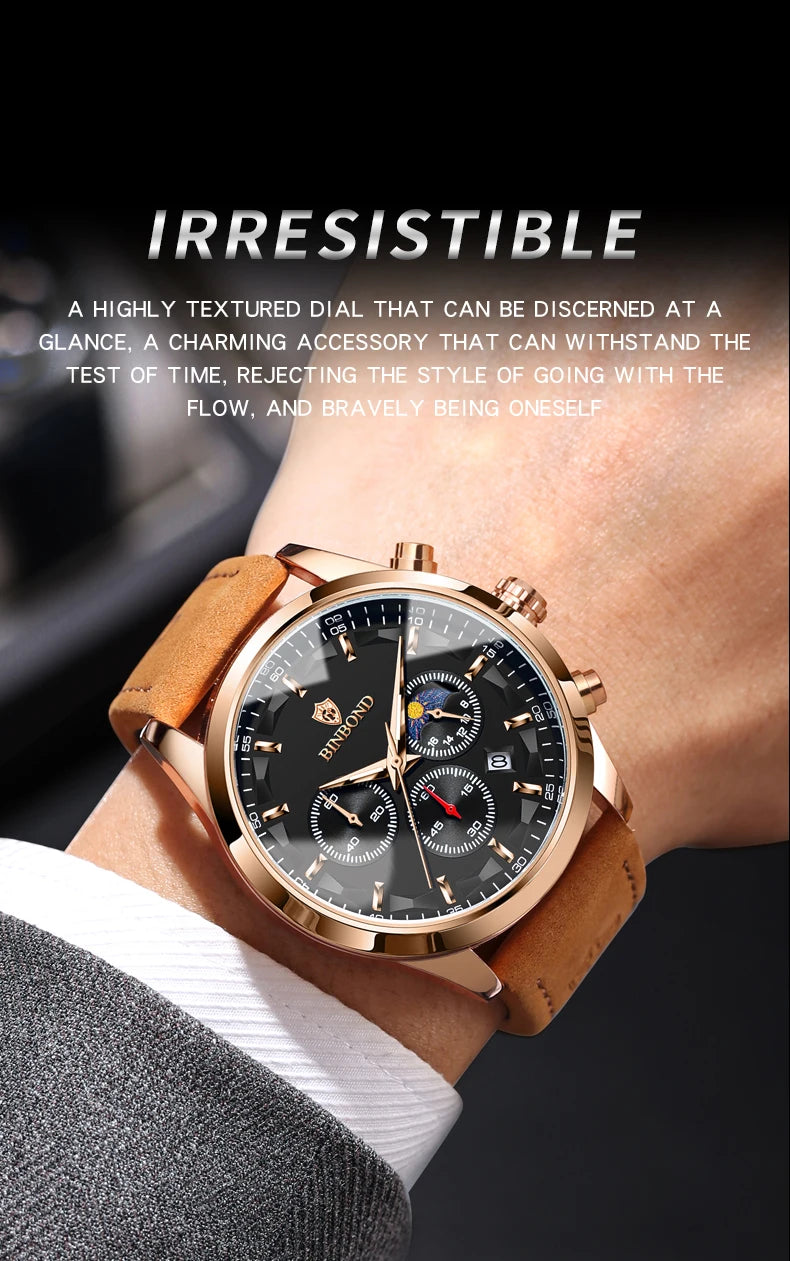 BINBOND  luminous waterproof accurate sturdy luxury quartz wristwatches for men chronograph auto date men's watch casual reloj