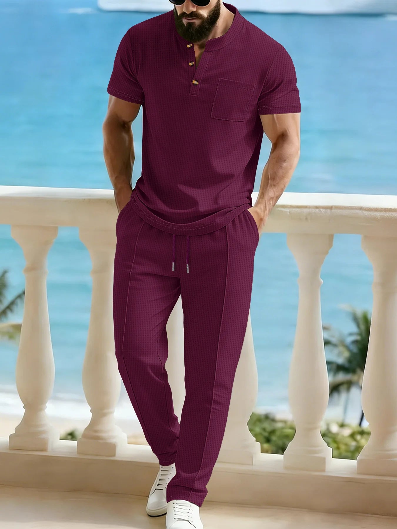 Men's Waffle Knit Two-Piece Suit, Summer Henry Collar Polo Shirt, Short-Sleeved and Laced Pants, Casual Breathable Beachwear