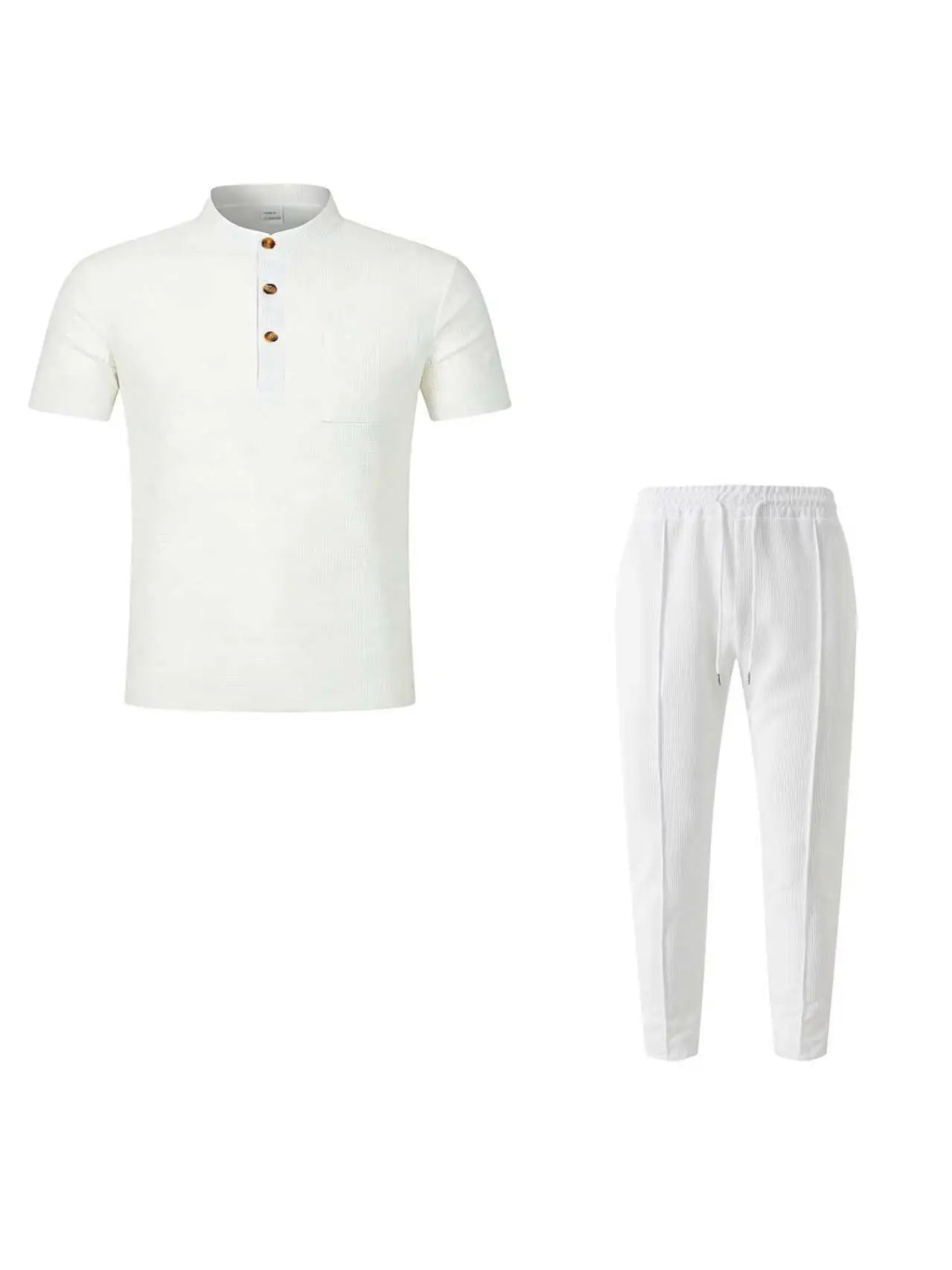 Men's Waffle Knit Two-Piece Suit, Summer Henry Collar Polo Shirt, Short-Sleeved and Laced Pants, Casual Breathable Beachwear