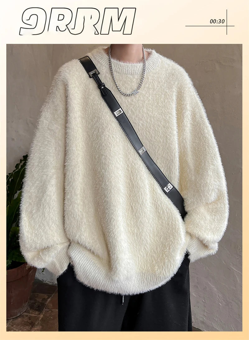 Autumn Men's Solid Fluffy Knitted Sweaters New Korean Fashion Loose Warm Pullovers Winter Couples Y2K Vintage Knitwear Jumpers