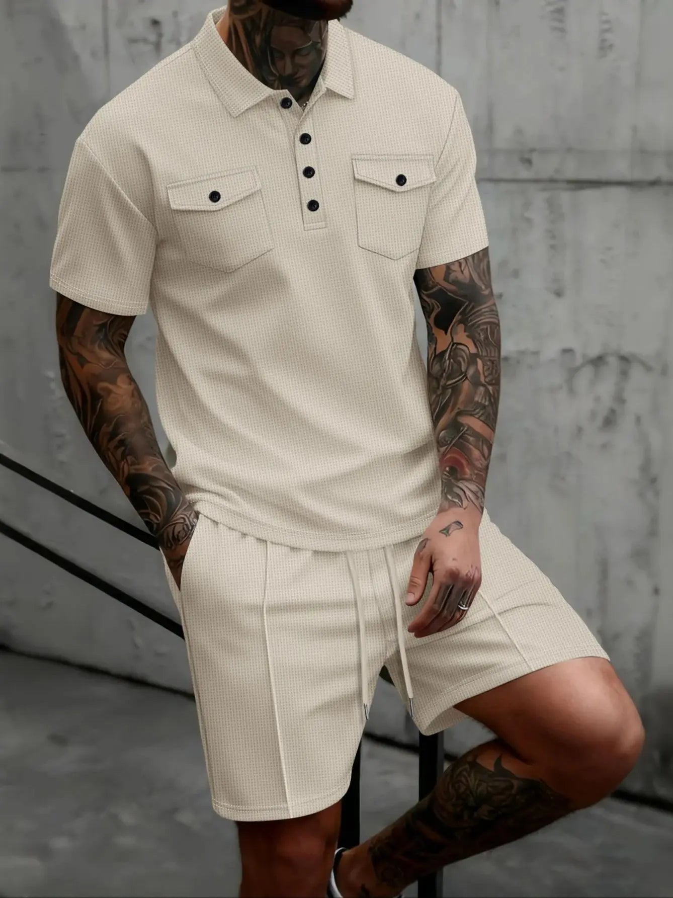 2026 New Men's Waffle Knit Double Pocket Polo Two-Piece Set S-3XL