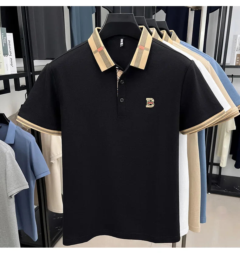 2026 High-end Letter B Printed Summer Men's Color Blocked Lapel Short Sleeved Polo Shirt Versatile Tshirt for Business Commuting