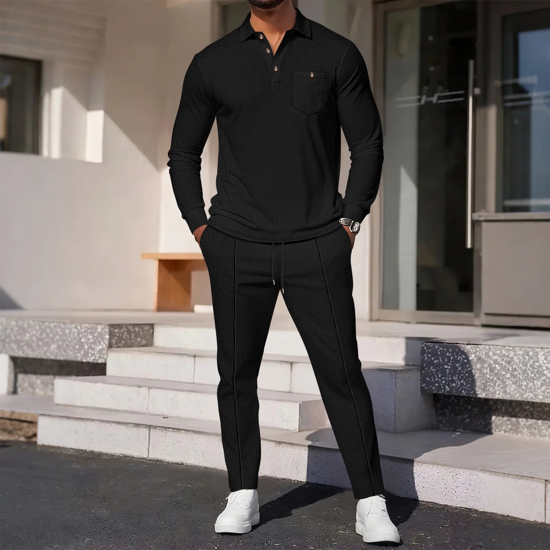 2025 Autumn New Style Waffle Pure Color Collar Pocket Long Sleeve Long Pants Casual Set