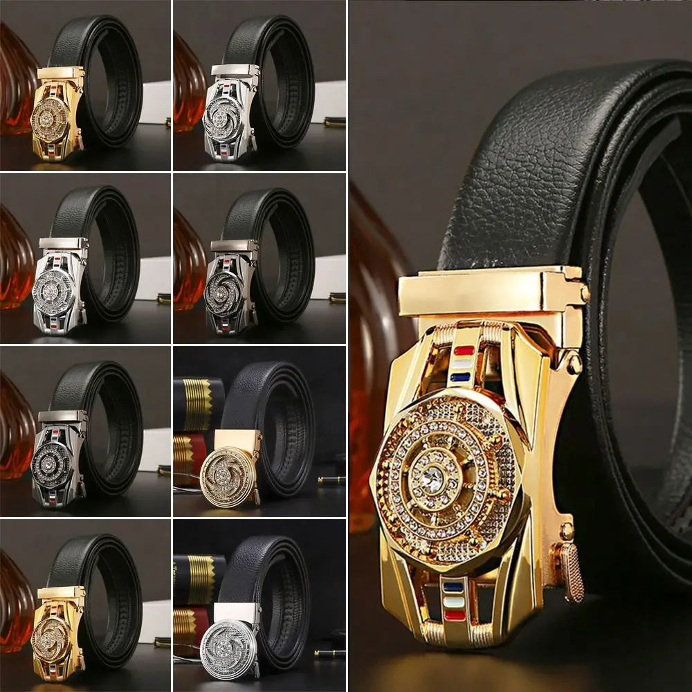 Men Business Time To Run Belt Man Automatic Buckle Leather Belt Golden Waist Buckle Males Luxury Belt Rhinestone Decoration