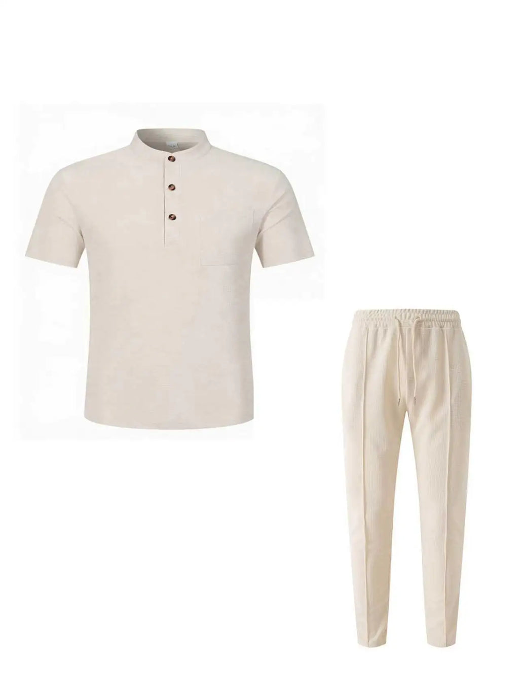 Men's Waffle Knit Two-Piece Suit, Summer Henry Collar Polo Shirt, Short-Sleeved and Laced Pants, Casual Breathable Beachwear