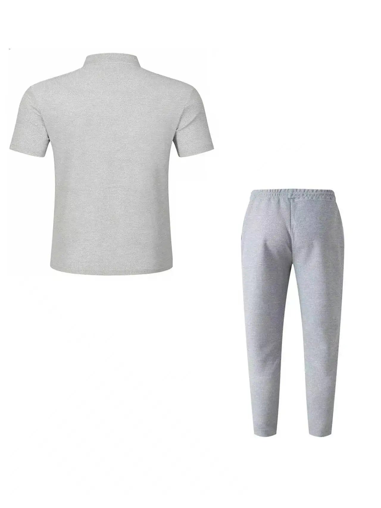 Men's Waffle Knit Two-Piece Suit, Summer Henry Collar Polo Shirt, Short-Sleeved and Laced Pants, Casual Breathable Beachwear