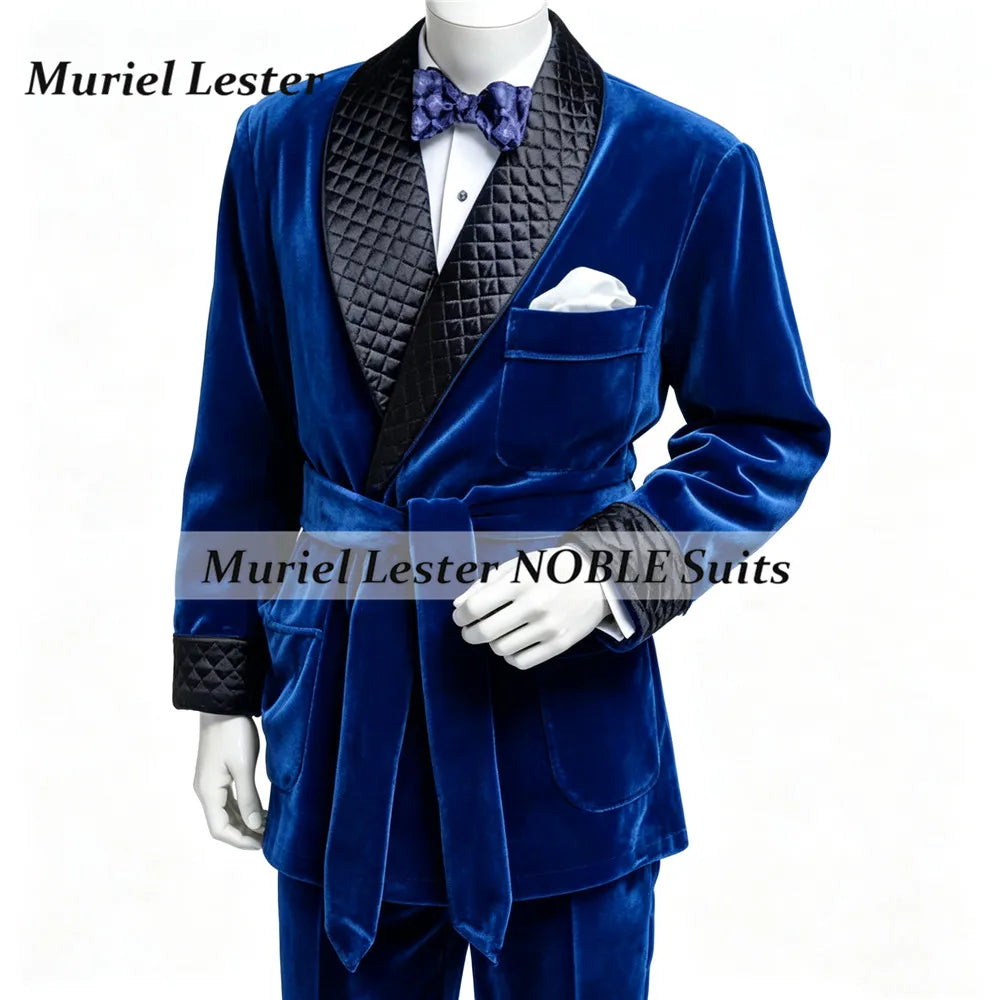 Smoking Business Velvet Suit Jackets For Men With Belt Black Shawl Lapel Groom Blazers Customized Man Party Coat Dinner Outfits