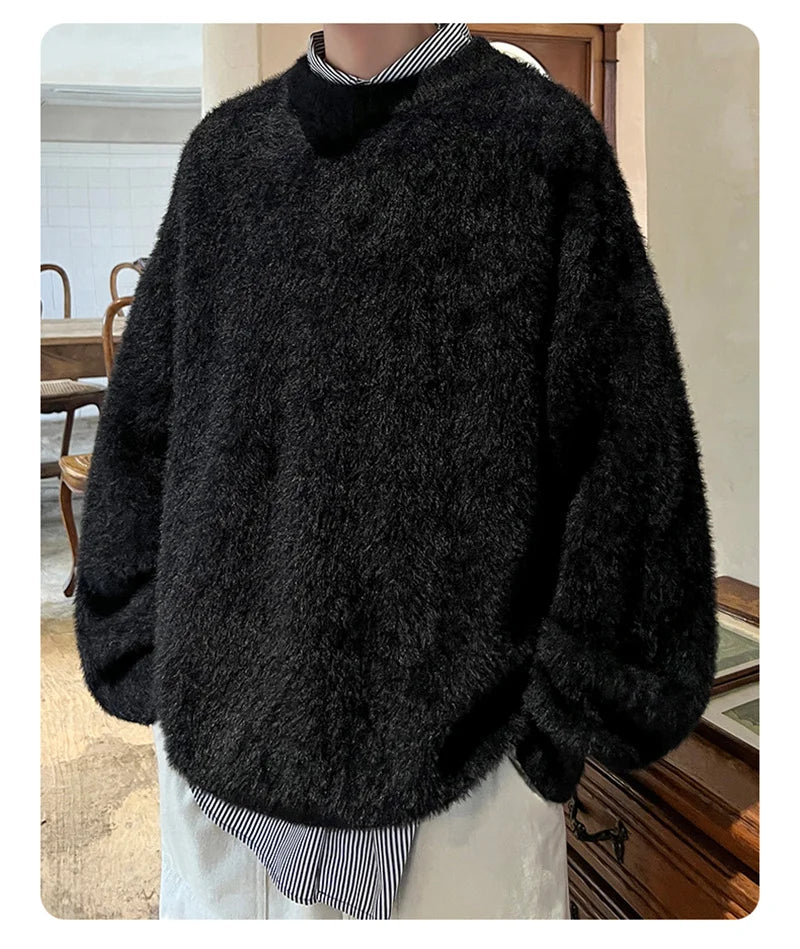 Autumn Men's Solid Fluffy Knitted Sweaters New Korean Fashion Loose Warm Pullovers Winter Couples Y2K Vintage Knitwear Jumpers
