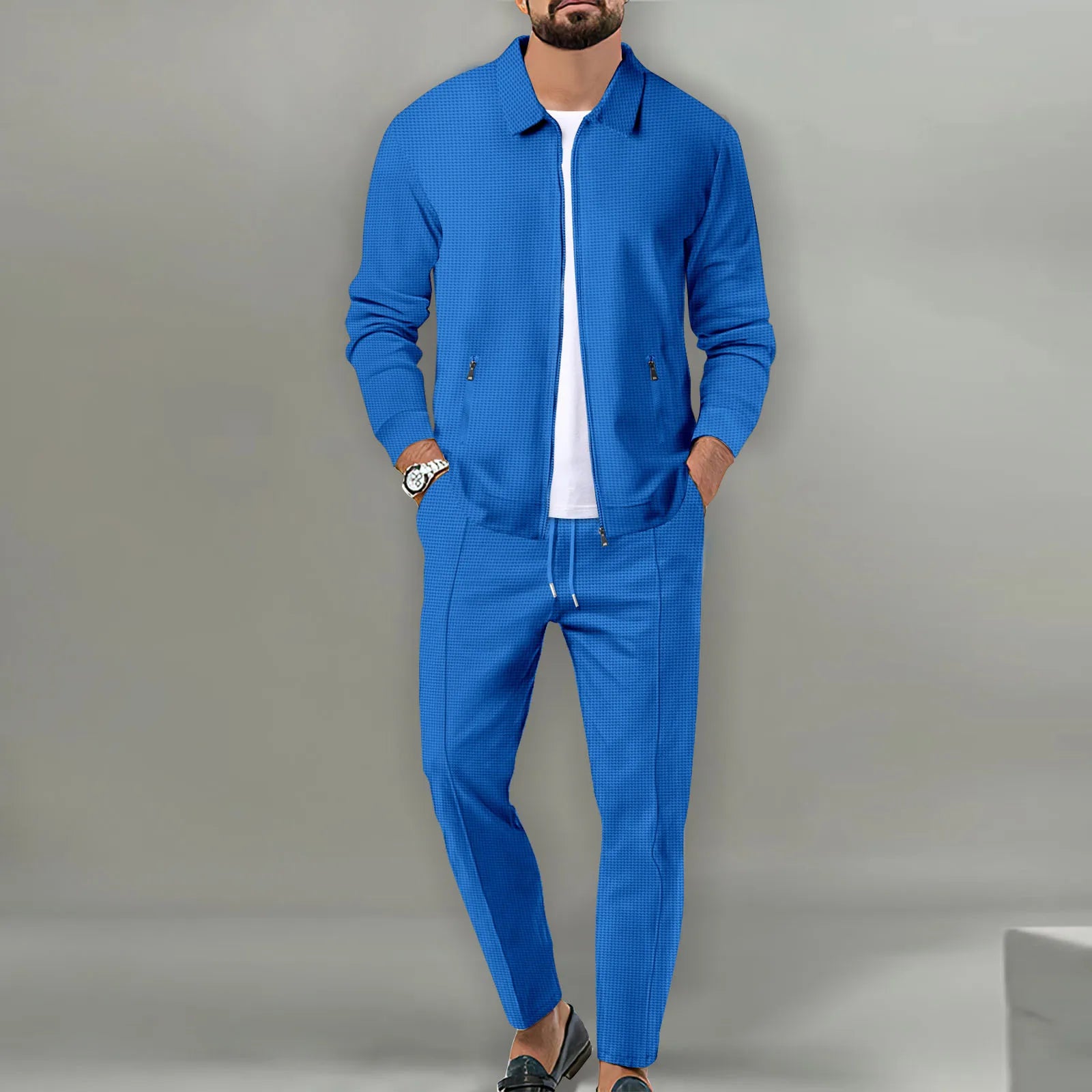 2026 Coat Fall Waffle Zip Pocket Lapel Slim Cardigan Men's Jacket Set