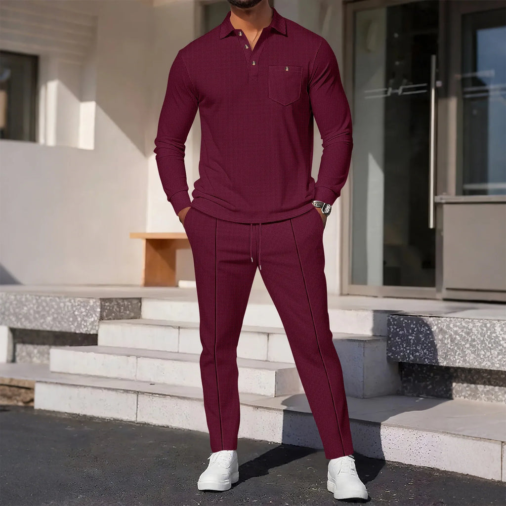 2025 Autumn New Style Waffle Pure Color Collar Pocket Long Sleeve Long Pants Casual Set