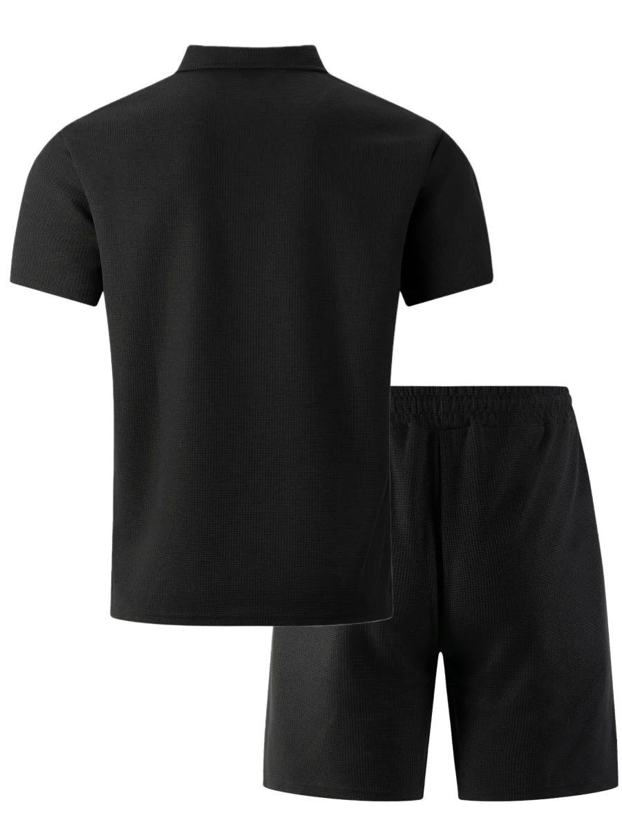 2026 New Men's Waffle Knit Double Pocket Polo Two-Piece Set S-3XL