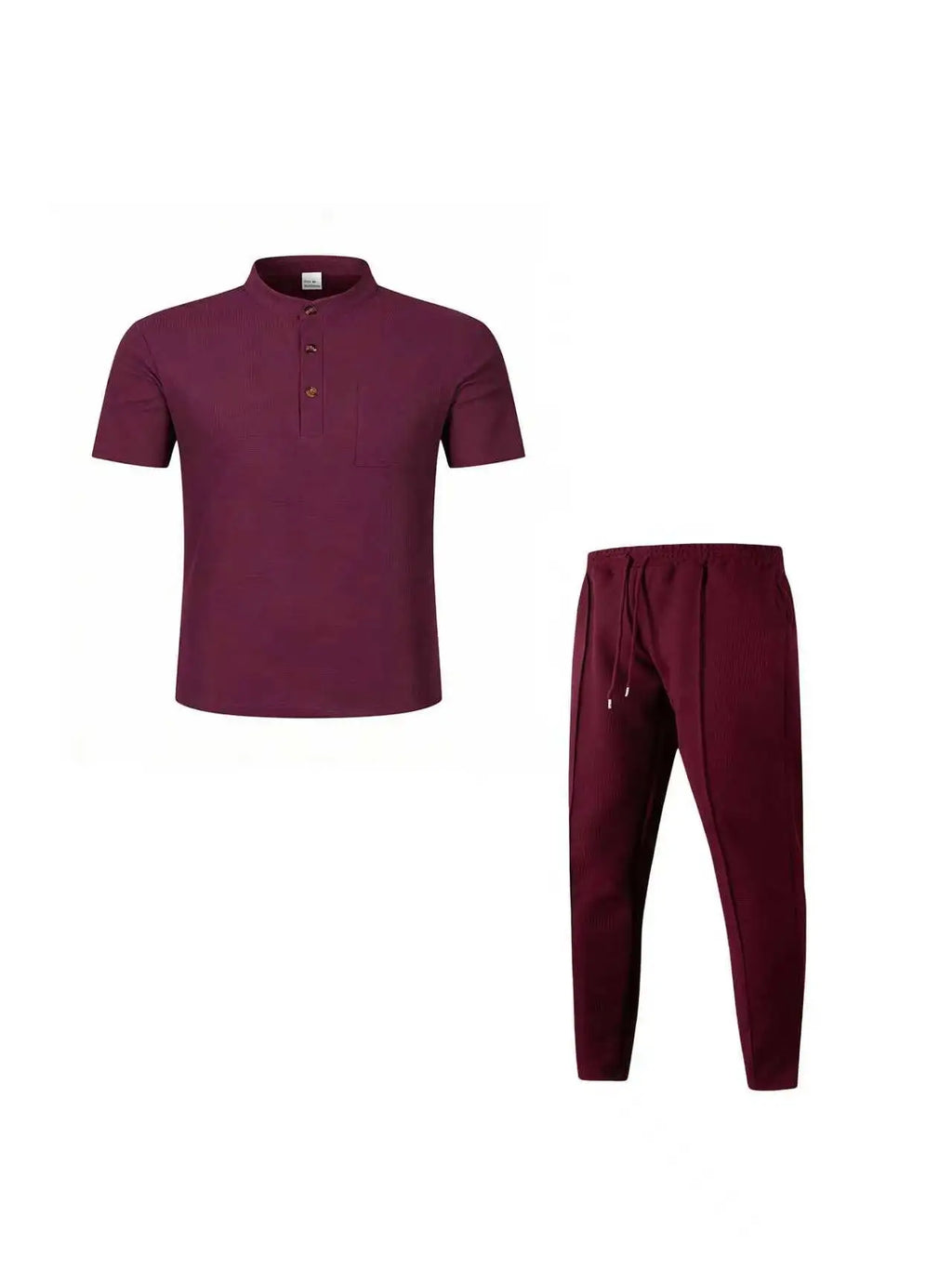 Men's Waffle Knit Two-Piece Suit, Summer Henry Collar Polo Shirt, Short-Sleeved and Laced Pants, Casual Breathable Beachwear
