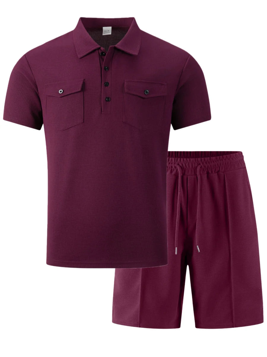2026 New Men's Waffle Knit Double Pocket Polo Two-Piece Set S-3XL
