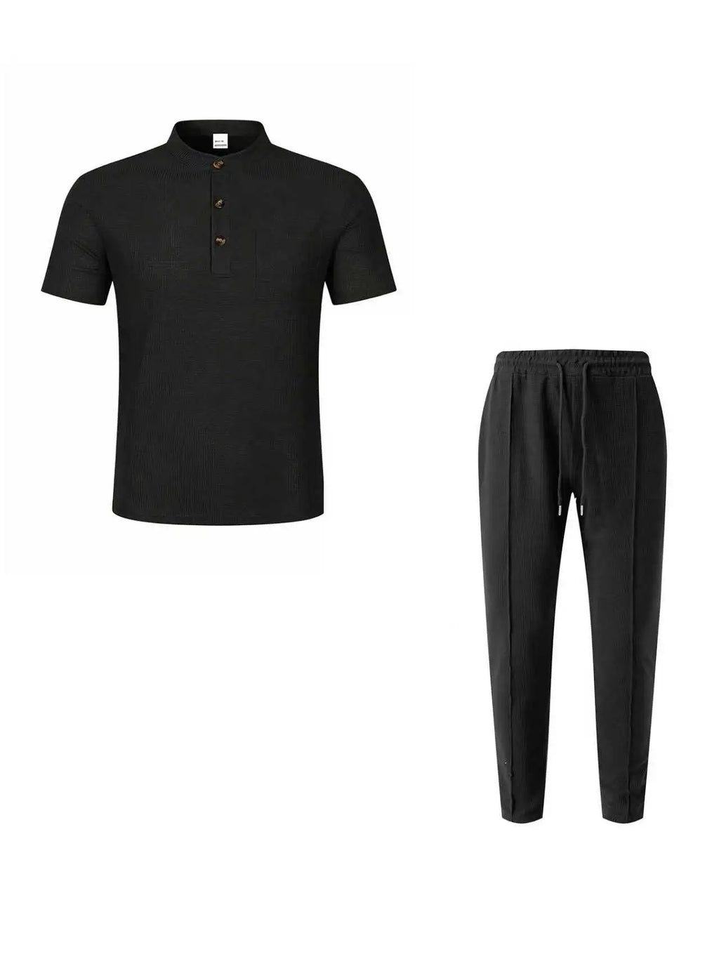 Men's Waffle Knit Two-Piece Suit, Summer Henry Collar Polo Shirt, Short-Sleeved and Laced Pants, Casual Breathable Beachwear