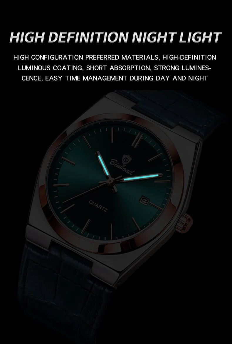 BINBOND Luxury Quartz Wristwatches Luminous Waterproof Auto Date Men's Watch Business Sport Fashion Casual Reloj Leather Clock